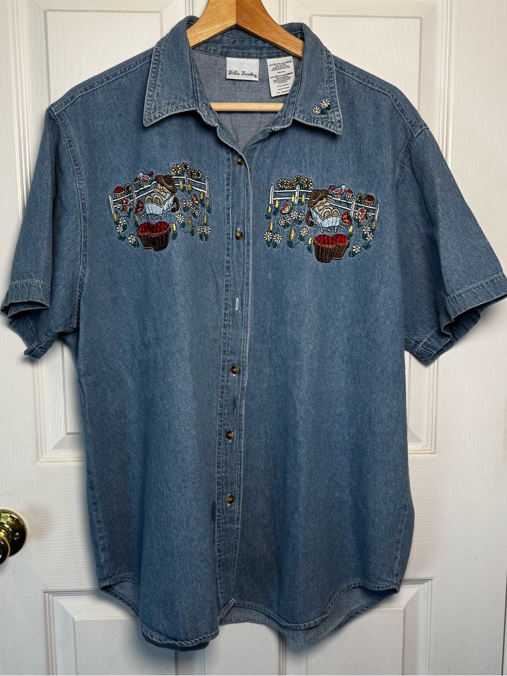 Vintage Bobbie Brooks Denim Embroidered Cottagecore Garden Shirt XL 90s Teacher